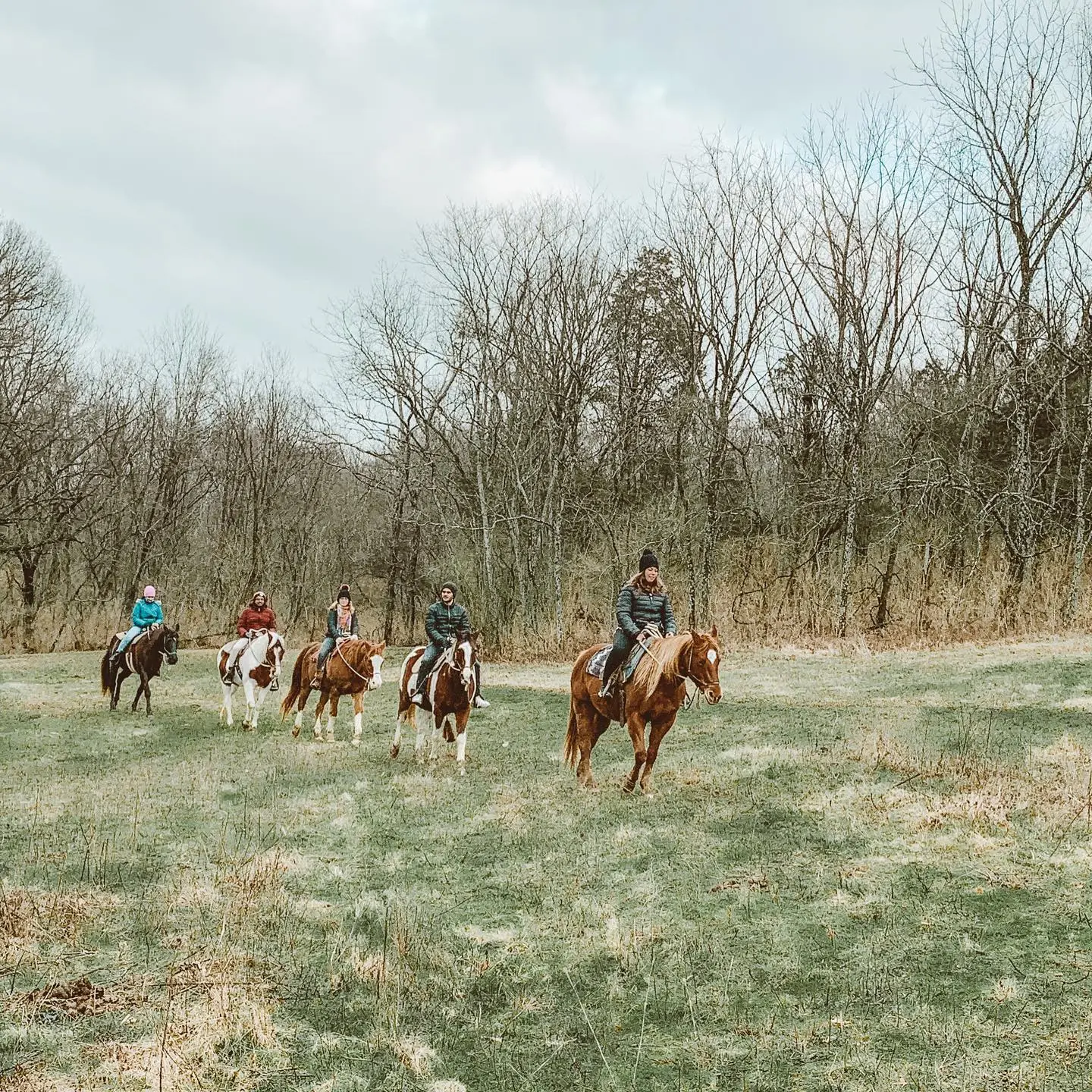 a group of people riding a horse in a field