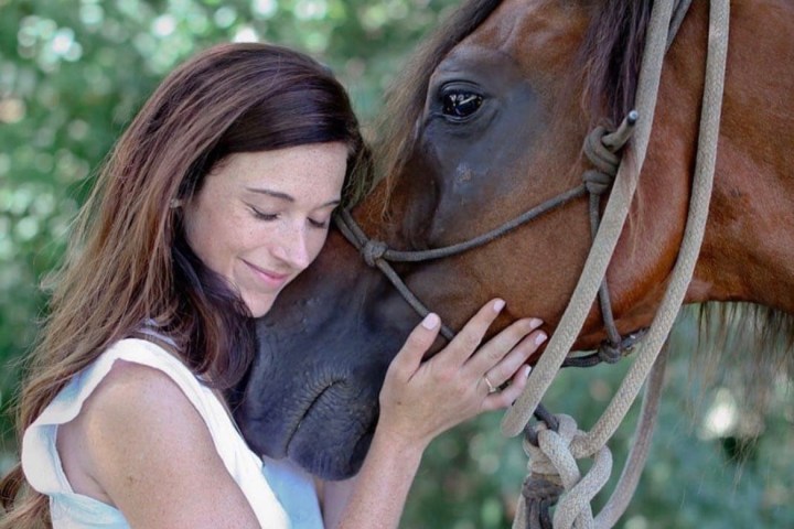 a woman petting a horse